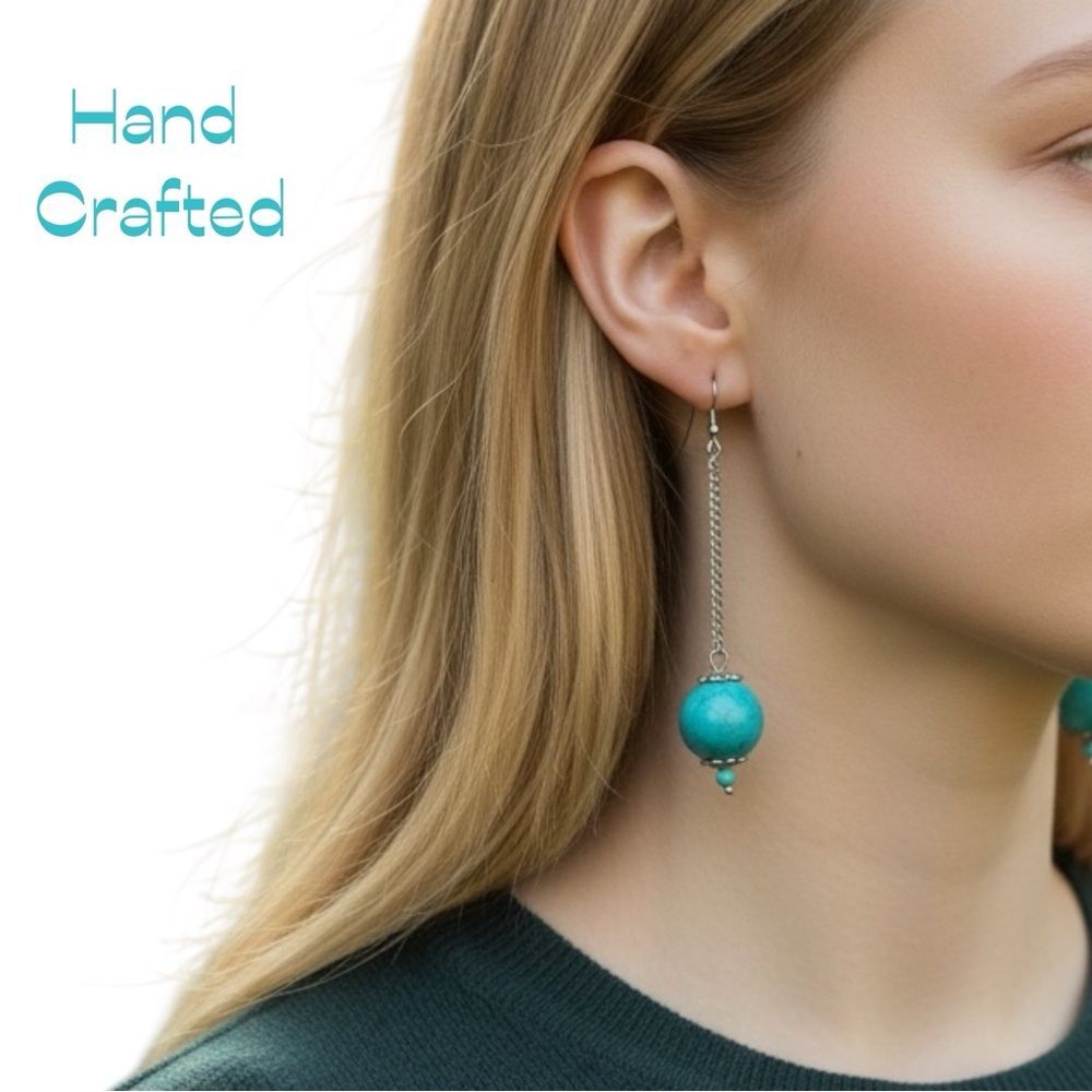 Hand Crafted Teal Howlite Stones With Chain Earrings NWT